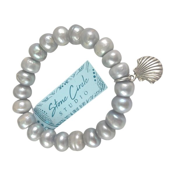 Freshwater Pearl Stretch Bracelet With Shell Charm By Stone Circle Studio - Picture 2 of 6